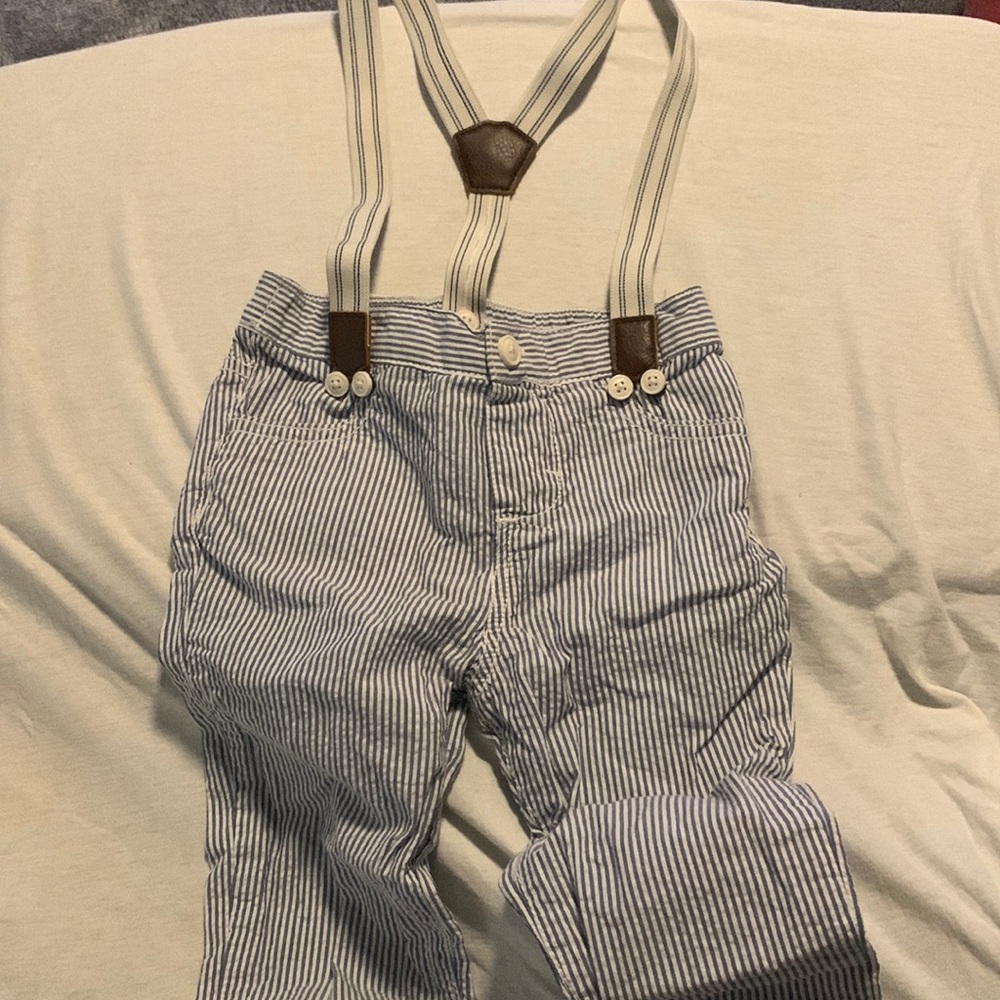 Linen blue striped pants with suspenders